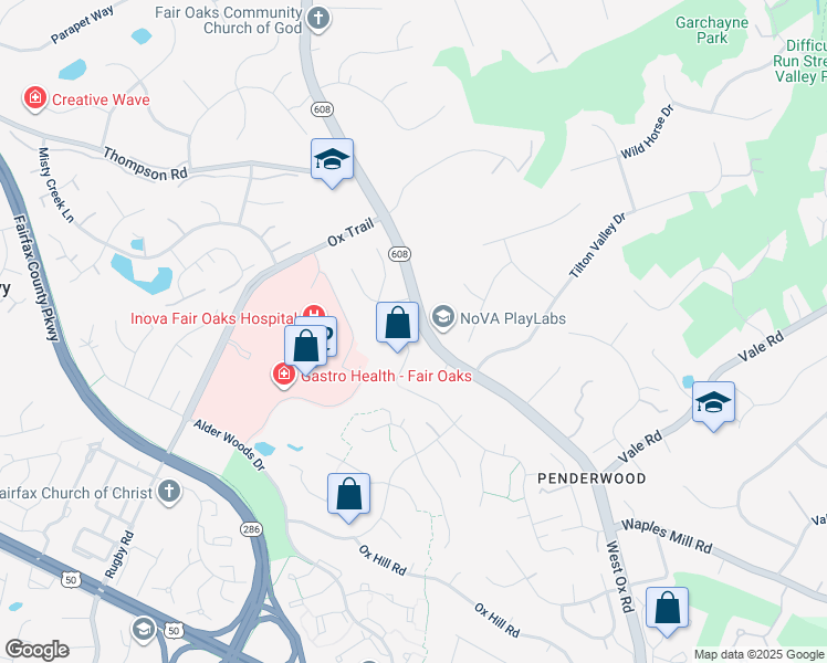 map of restaurants, bars, coffee shops, grocery stores, and more near 3617 Rocky Meadow Court in Fairfax