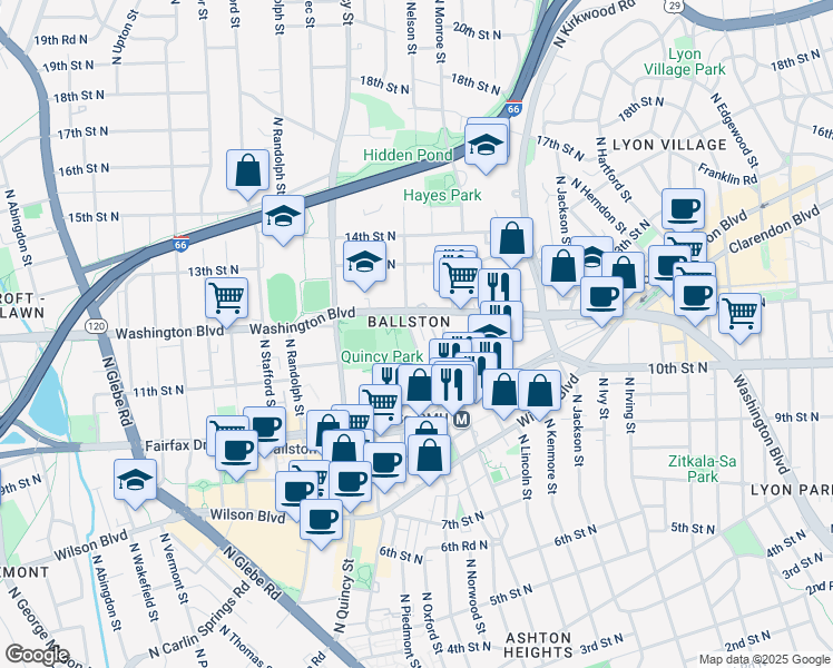 map of restaurants, bars, coffee shops, grocery stores, and more near 1047 North Nelson Street in Arlington