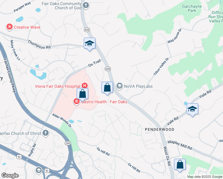map of restaurants, bars, coffee shops, grocery stores, and more near 3617 Rocky Meadow Court in Fairfax