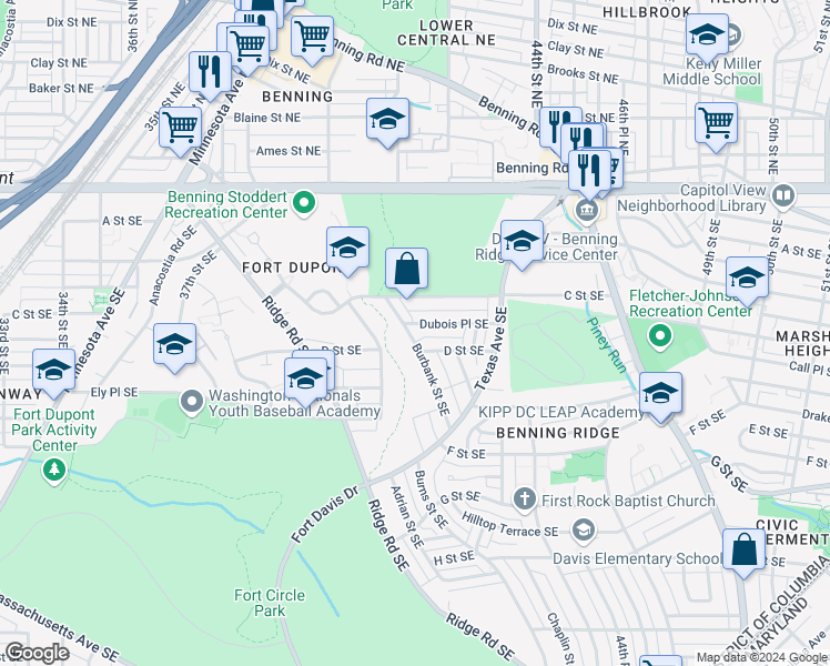 map of restaurants, bars, coffee shops, grocery stores, and more near 356 Burbank Street Southeast in Washington