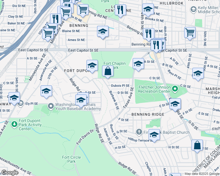 map of restaurants, bars, coffee shops, grocery stores, and more near 356 Burbank Street Southeast in Washington
