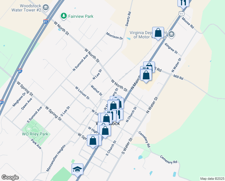 map of restaurants, bars, coffee shops, grocery stores, and more near 307 North Muhlenberg Street in Woodstock
