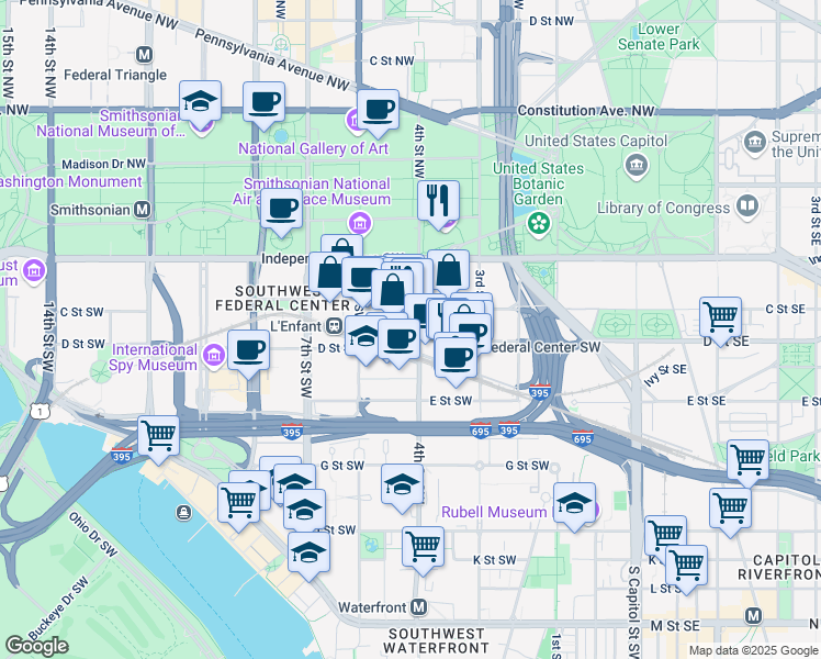 map of restaurants, bars, coffee shops, grocery stores, and more near 101 Independence Avenue Southeast in Washington