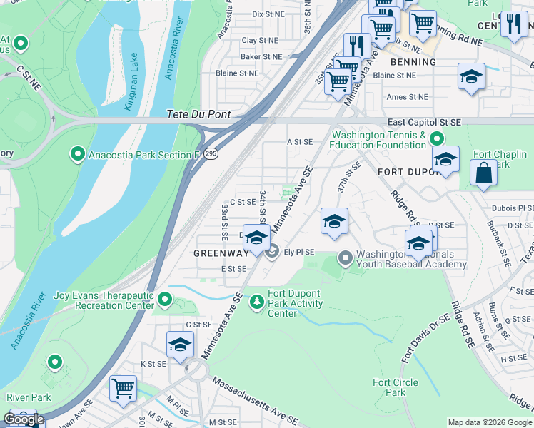 map of restaurants, bars, coffee shops, grocery stores, and more near 312 34th Street Southeast in Washington