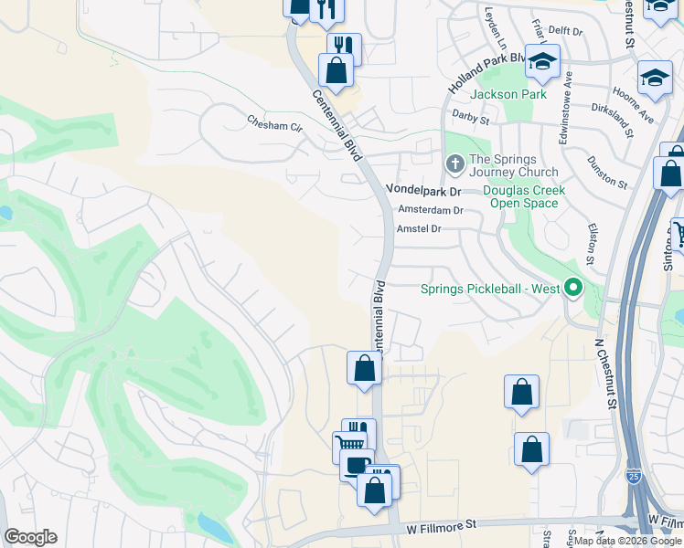 map of restaurants, bars, coffee shops, grocery stores, and more near 1383 Windmill Avenue in Colorado Springs