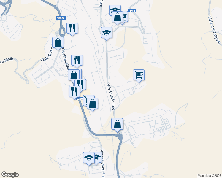 map of restaurants, bars, coffee shops, grocery stores, and more near 3 Via dei Conti Ruffo in Catanzaro