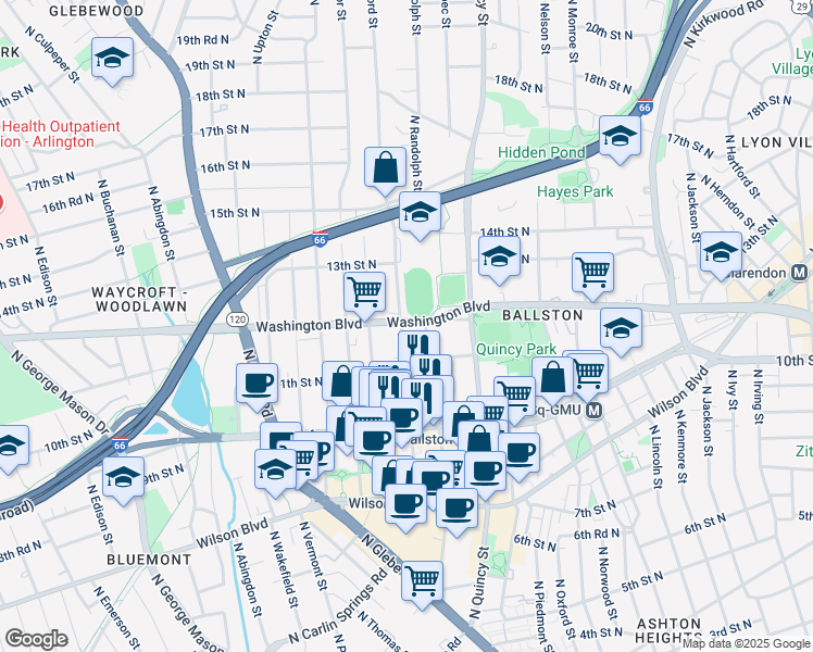 map of restaurants, bars, coffee shops, grocery stores, and more near 4114 Washington Boulevard in Arlington