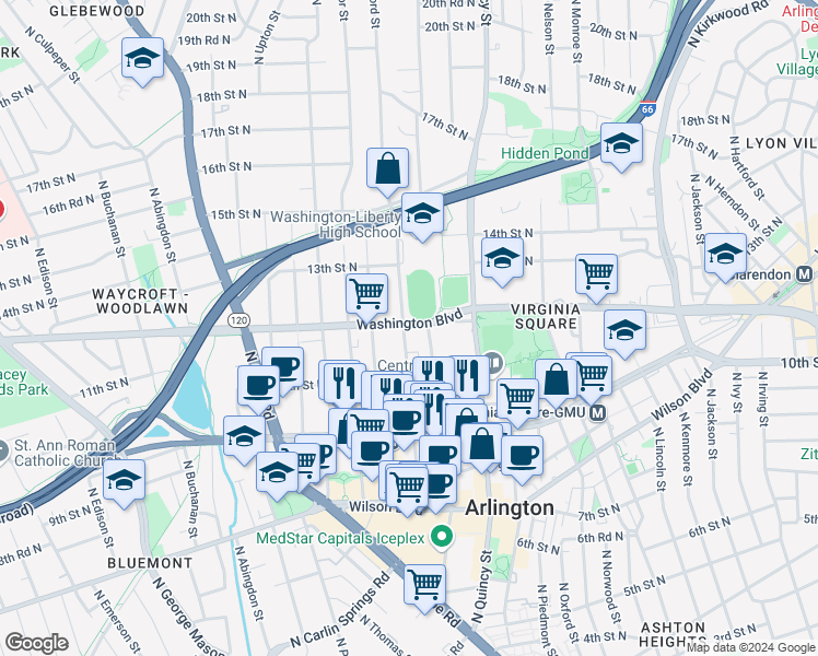 map of restaurants, bars, coffee shops, grocery stores, and more near 4114 Washington Boulevard in Arlington