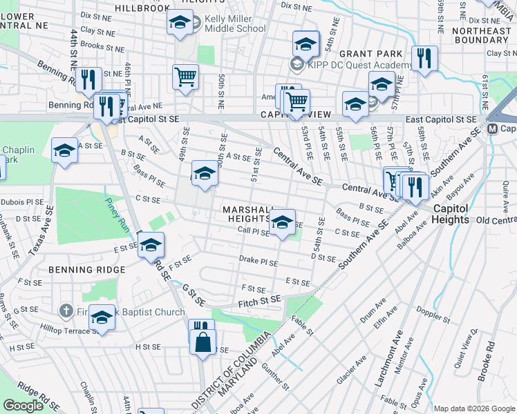 map of restaurants, bars, coffee shops, grocery stores, and more near 5115 Bass Place Southeast in Washington
