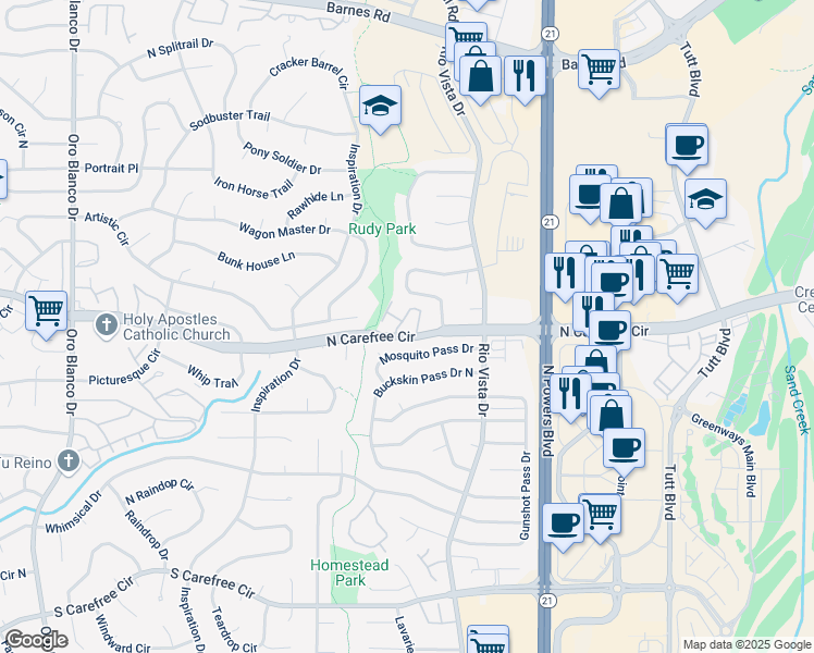 map of restaurants, bars, coffee shops, grocery stores, and more near 3711 Homestead Ridge Heights in Colorado Springs