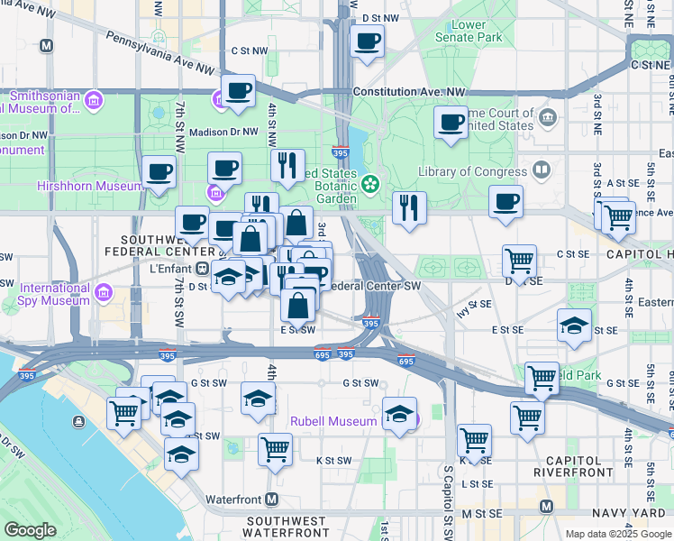 map of restaurants, bars, coffee shops, grocery stores, and more near 300 C Street Southwest in Washington