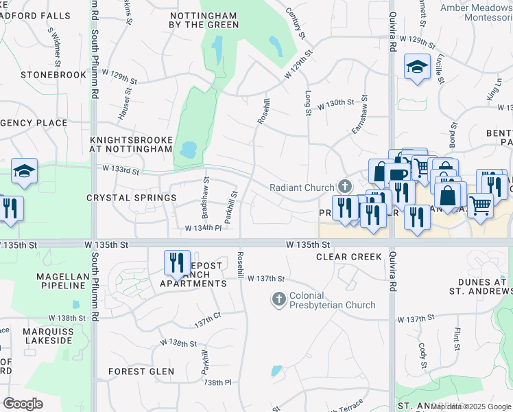 map of restaurants, bars, coffee shops, grocery stores, and more near 13300 Westgate Street in Overland Park