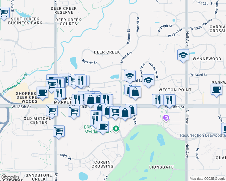 map of restaurants, bars, coffee shops, grocery stores, and more near 6303 West 133rd Terrace in Leawood