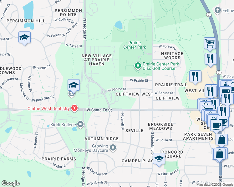map of restaurants, bars, coffee shops, grocery stores, and more near 270 North Ferrel Street in Olathe