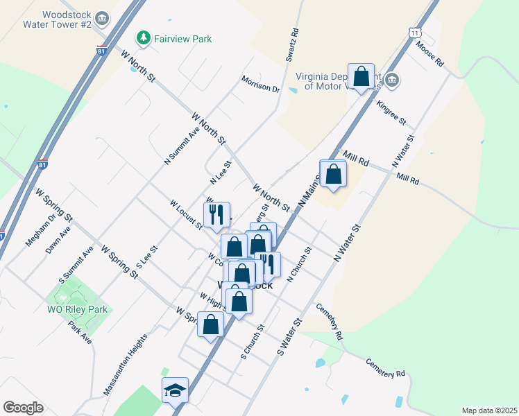 map of restaurants, bars, coffee shops, grocery stores, and more near 307 North Muhlenberg Street in Woodstock