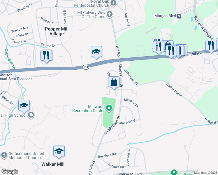 map of restaurants, bars, coffee shops, grocery stores, and more near 7358 Shady Glen Terrace in Capitol Heights