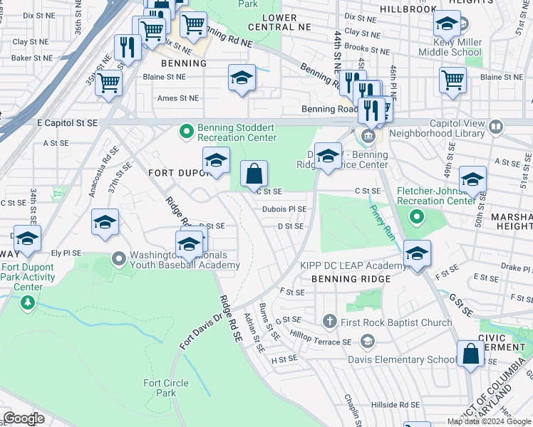 map of restaurants, bars, coffee shops, grocery stores, and more near 4319 Dubois Place Southeast in Washington