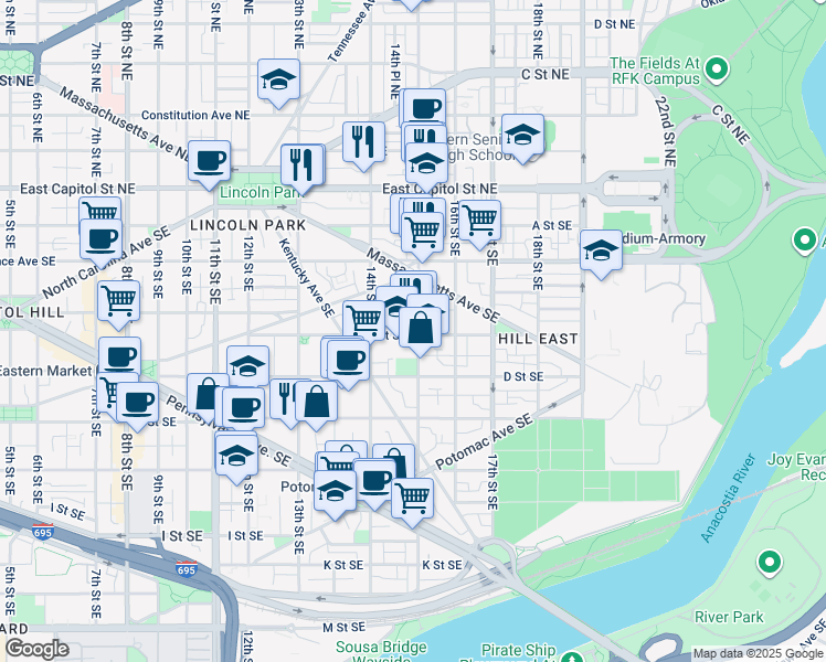 map of restaurants, bars, coffee shops, grocery stores, and more near 257 15th Street Southeast in Washington