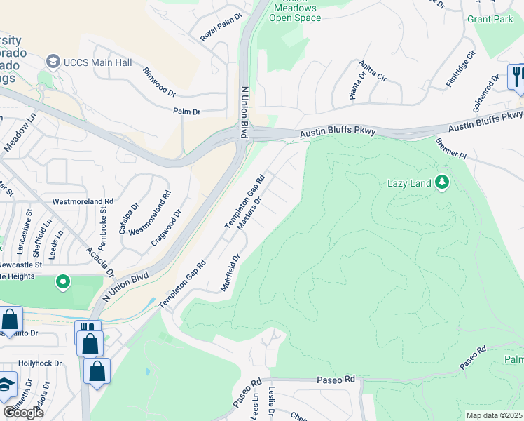 map of restaurants, bars, coffee shops, grocery stores, and more near 2320 Pinhigh Court in Colorado Springs