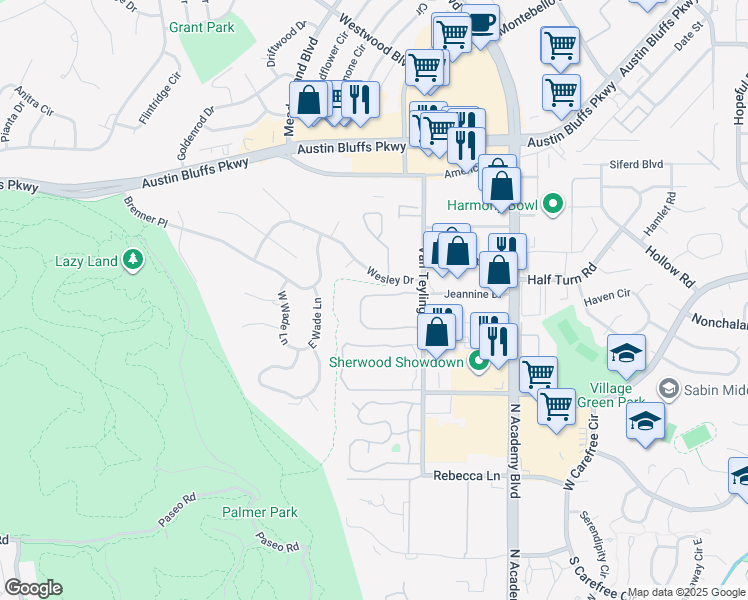 map of restaurants, bars, coffee shops, grocery stores, and more near 3615 Queen Anne Way in Colorado Springs