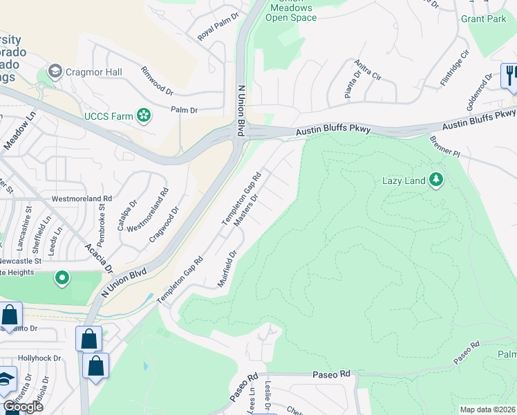 map of restaurants, bars, coffee shops, grocery stores, and more near 2320 Pinhigh Court in Colorado Springs