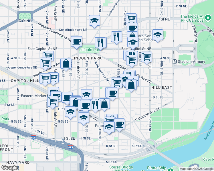 map of restaurants, bars, coffee shops, grocery stores, and more near 101 Independence Avenue Southeast in Washington