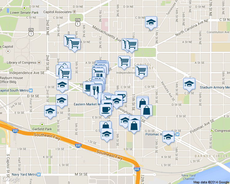 map of restaurants, bars, coffee shops, grocery stores, and more near 101 Independence Avenue Southeast in Washington