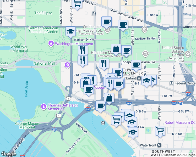 map of restaurants, bars, coffee shops, grocery stores, and more near 101 Independence Avenue Southeast in Washington