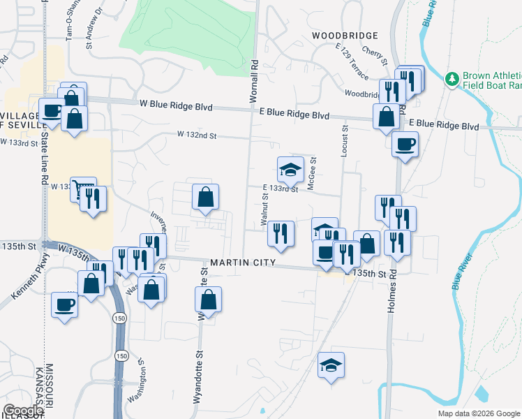 map of restaurants, bars, coffee shops, grocery stores, and more near 13310 Walnut Street in Kansas City