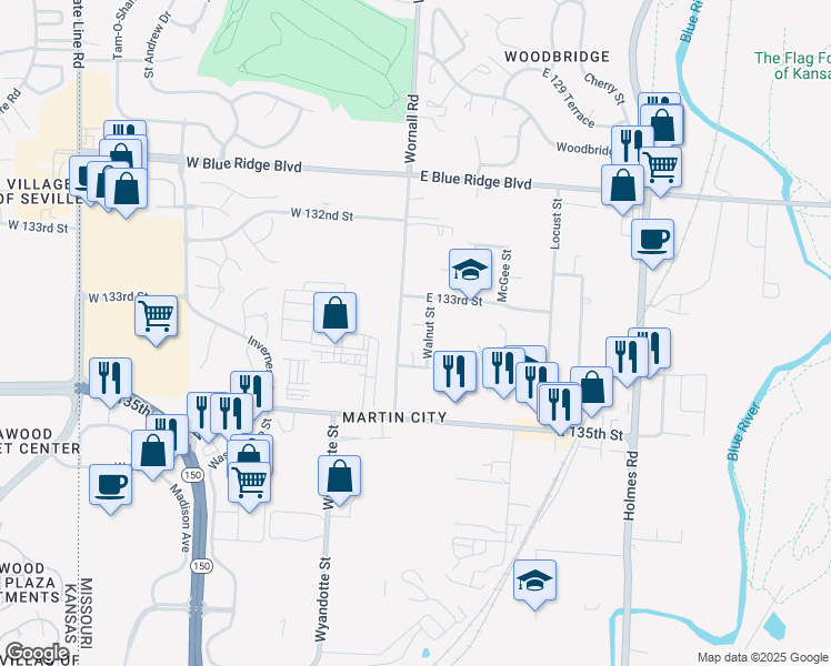 map of restaurants, bars, coffee shops, grocery stores, and more near 13310 Walnut Street in Kansas City