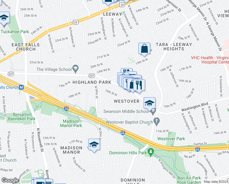 map of restaurants, bars, coffee shops, grocery stores, and more near 5933 16th Street North in Arlington