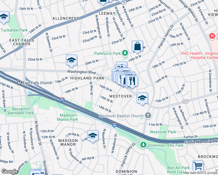 map of restaurants, bars, coffee shops, grocery stores, and more near 5933 16th Street North in Arlington