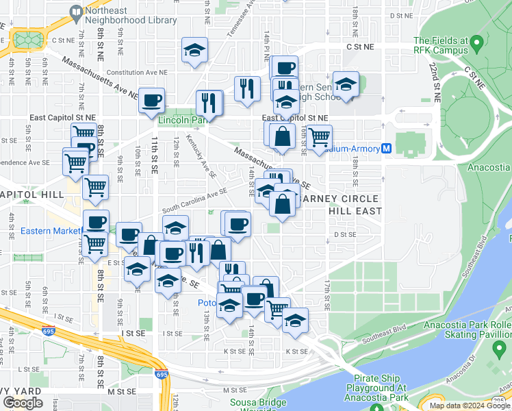 map of restaurants, bars, coffee shops, grocery stores, and more near 1402 C Street Southeast in Washington