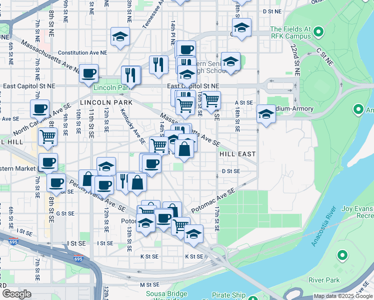 map of restaurants, bars, coffee shops, grocery stores, and more near 284 15th Street Southeast in Washington