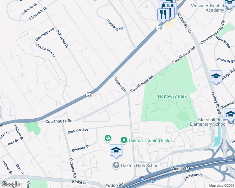 map of restaurants, bars, coffee shops, grocery stores, and more near 9705 Hidden Valley Road in Vienna