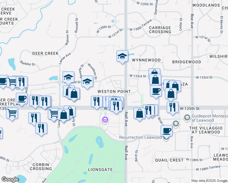 map of restaurants, bars, coffee shops, grocery stores, and more near 13340 Outlook Drive in Overland Park