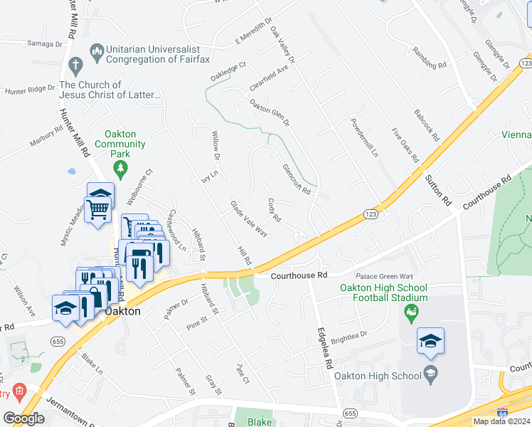 map of restaurants, bars, coffee shops, grocery stores, and more near 2604 Oakcroft Way in Vienna