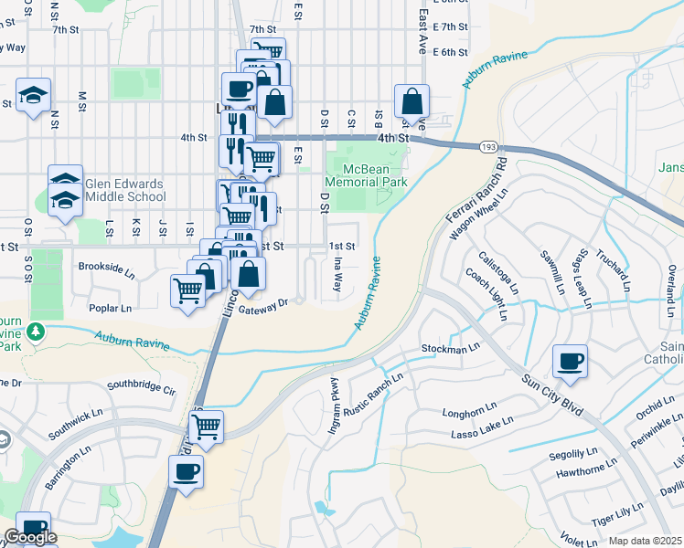 map of restaurants, bars, coffee shops, grocery stores, and more near 116 Ina Way in Lincoln