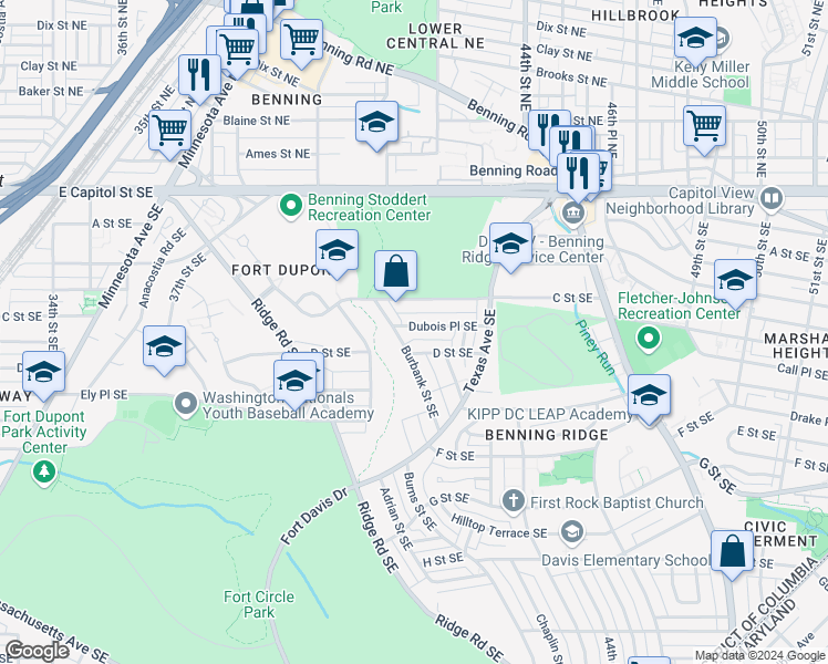 map of restaurants, bars, coffee shops, grocery stores, and more near 4319 Dubois Place Southeast in Washington