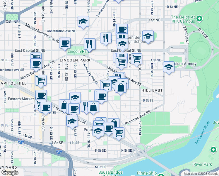 map of restaurants, bars, coffee shops, grocery stores, and more near 1402 C Street Southeast in Washington