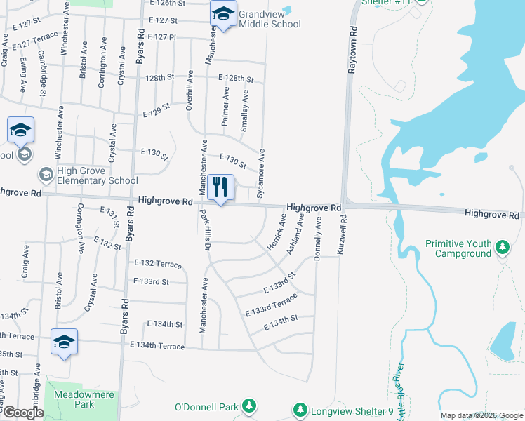 map of restaurants, bars, coffee shops, grocery stores, and more near 8031 East 130th Court in Grandview