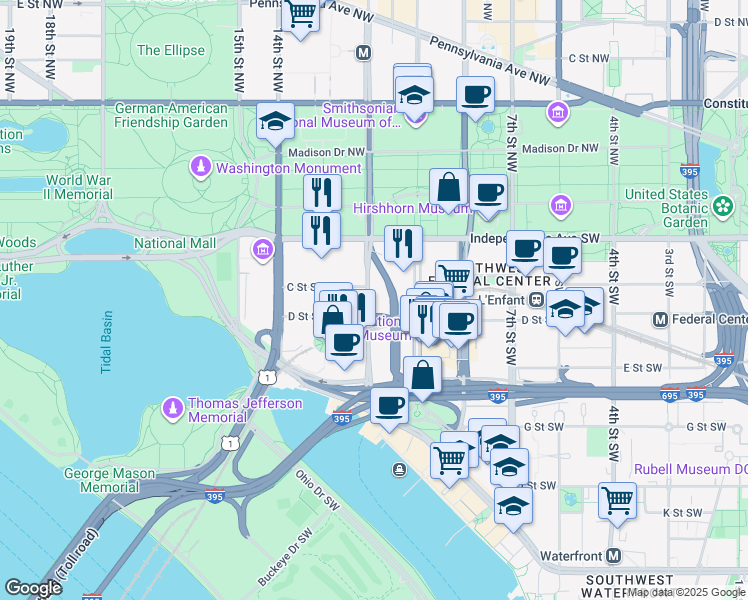 map of restaurants, bars, coffee shops, grocery stores, and more near 300 12th Street Southwest in Washington