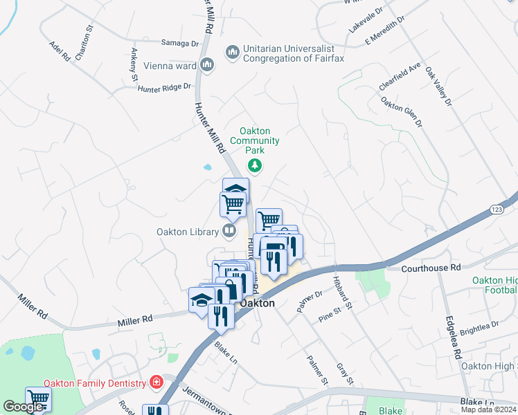 map of restaurants, bars, coffee shops, grocery stores, and more near 2805 Welbourne Court in Oakton