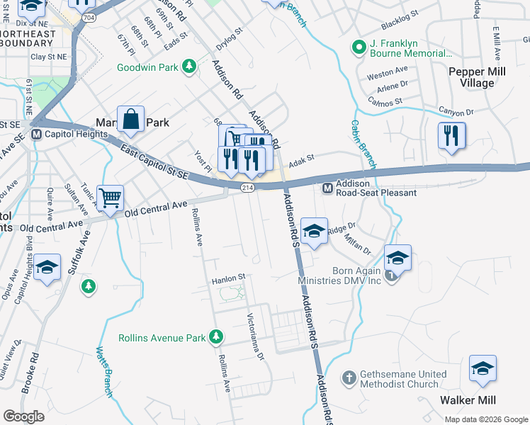 map of restaurants, bars, coffee shops, grocery stores, and more near 216 Zelma Avenue in Capitol Heights