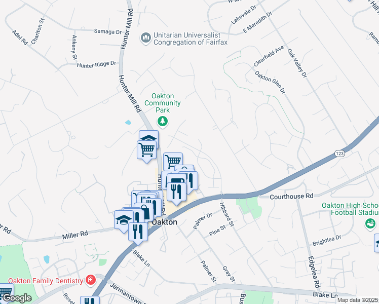 map of restaurants, bars, coffee shops, grocery stores, and more near 2790 Thaxton Lane in Oakton