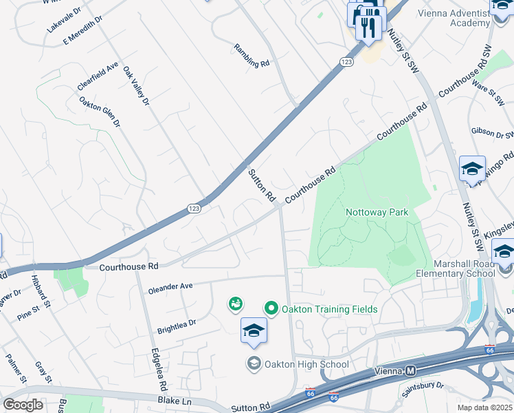 map of restaurants, bars, coffee shops, grocery stores, and more near 9705 Hidden Valley Road in Vienna