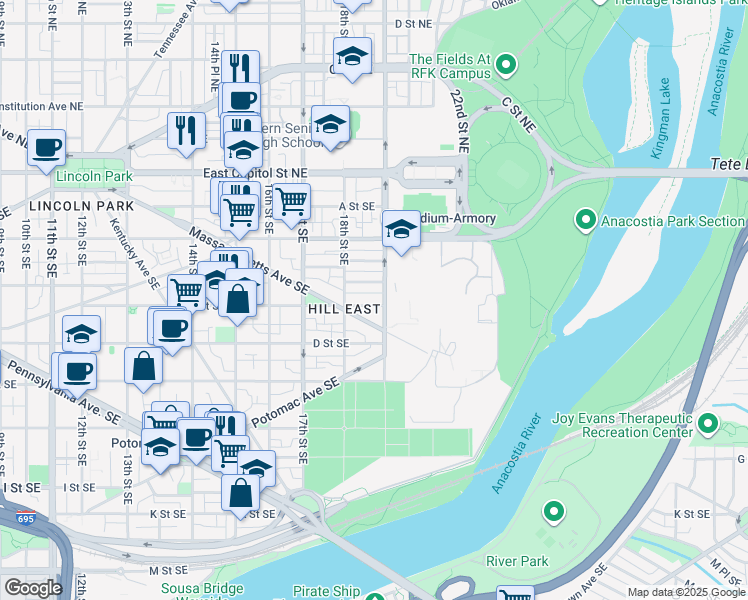 map of restaurants, bars, coffee shops, grocery stores, and more near 101 Independence Avenue Southeast in Washington