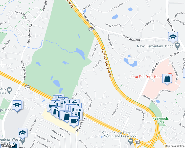 map of restaurants, bars, coffee shops, grocery stores, and more near 3740 Freehill Lane in Fairfax