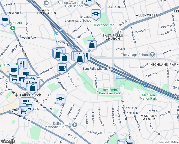map of restaurants, bars, coffee shops, grocery stores, and more near 6826 19th Road North in Arlington
