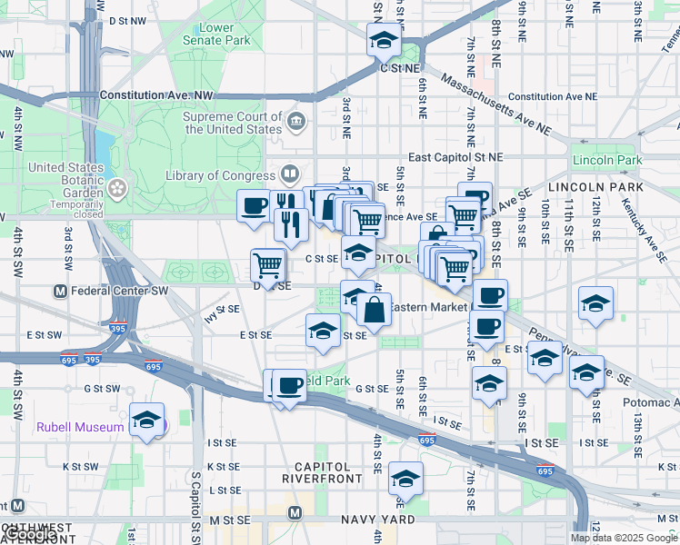 map of restaurants, bars, coffee shops, grocery stores, and more near 317 3rd Street Southeast in Washington